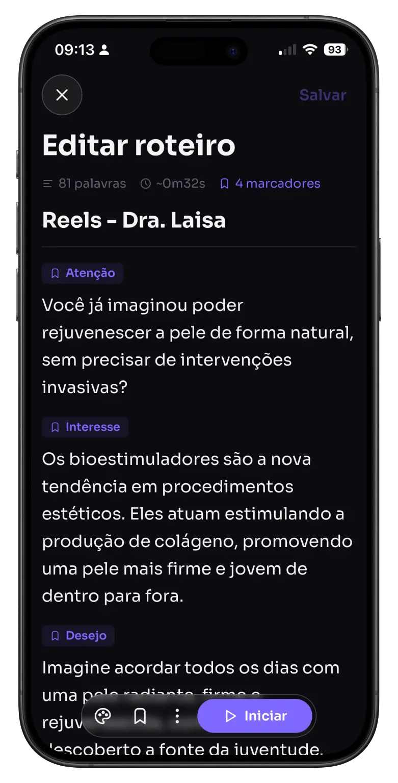 Editor de roteiro do Promperly no iPhone